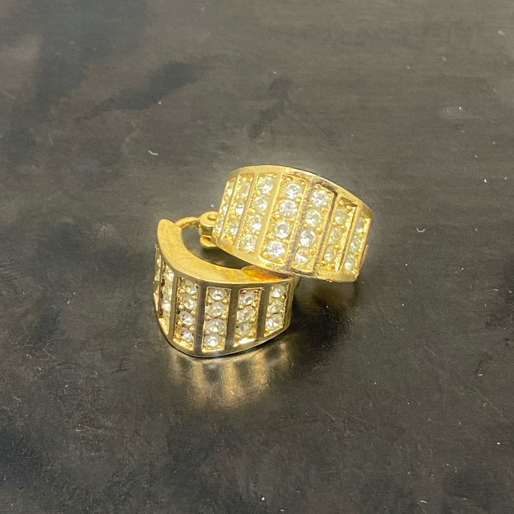 Christian Dior Vintage Gold  Half Hoop Rhinestone Clip Earrings